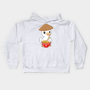 Funny duck is eating noodles Kids Hoodie